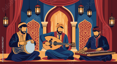 Flat vector musicians playing oud, qanun, and darbuka on decorated stage. Solid tones, no gradients, cultural Middle Eastern music lifestyle illustration