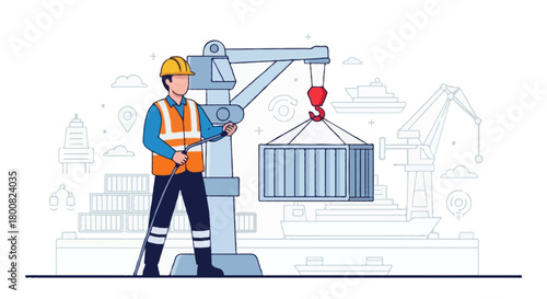 Flat vector faceless dock worker or ship crew loading cargo using crane, wearing safety vest and helmet