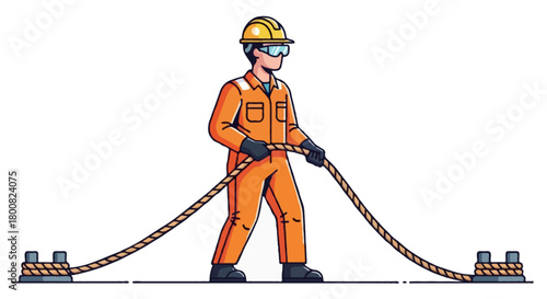 Flat vector faceless deck crew worker pulling rope or checking mooring line, wearing orange coverall, helmet, and gloves