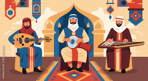 Flat vector musicians playing oud, qanun, and darbuka on decorated stage. Solid tones, no gradients, cultural Middle Eastern music lifestyle illustration