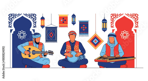 Flat vector musicians playing oud, qanun, and darbuka on decorated stage. Solid tones, no gradients, cultural Middle Eastern music lifestyle illustration