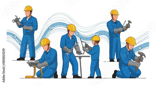 Flat vector faceless ship crew doing maintenance work with tools, wearing coverall, helmet, and gloves