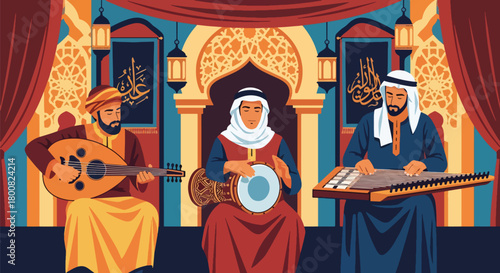Flat vector musicians playing oud, qanun, and darbuka on decorated stage. Solid tones, no gradients, cultural Middle Eastern music lifestyle illustration
