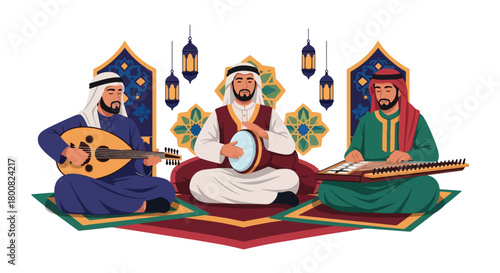 Flat vector musicians playing oud, qanun, and darbuka on decorated stage. Solid tones, no gradients, cultural Middle Eastern music lifestyle illustration