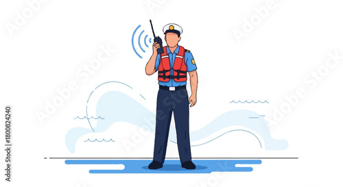 Flat vector faceless ship crew using handheld radio, wearing life vest and uniform, standing on deck