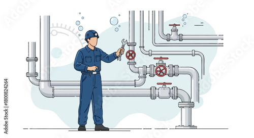 Flat vector faceless submarine mechanic inspecting machinery pipes and valves, wearing navy blue coverall and helmet, holding wrench