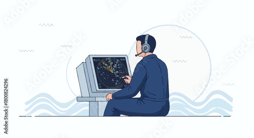 Flat vector faceless sonar operator sitting near sonar display, wearing headset and navy jumpsuit, monitoring sonar radar