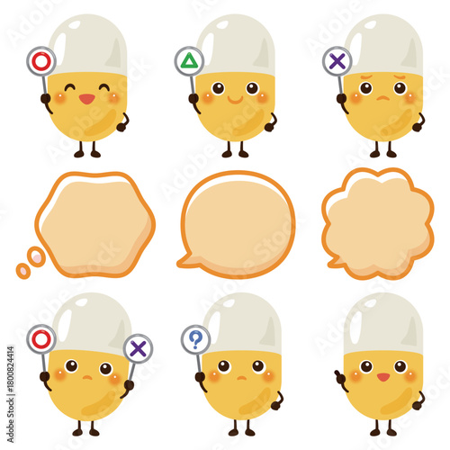 ○×△の札を持ったカプセル薬のキャラクターイラスト／Character Illustration Set Featuring Capsule Medicine Characters Holding Correct, Incorrect, and Neutral Signs