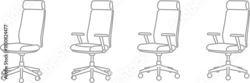 Office chair design evolution illustration with adjustable armrests and headrest, ergonomic furniture vector, modern workplace comfort and professional seating concept