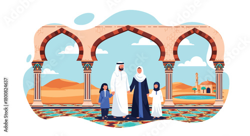 Flat vector people walking across mosque courtyard with arches, domes, and decorated tiles. Solid soft colors, no gradients, peaceful Middle Eastern lifestyle scene