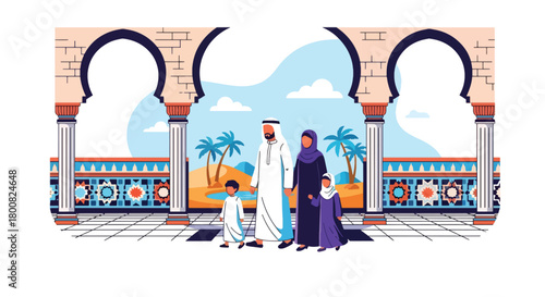 Flat vector people walking across mosque courtyard with arches, domes, and decorated tiles. Solid soft colors, no gradients, peaceful Middle Eastern lifestyle scene