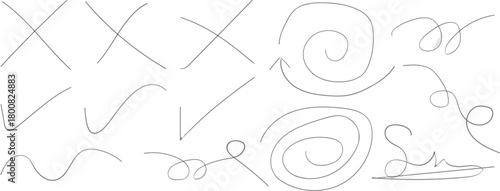 Crayon pencil hand drawn various rectangle, circle, chalked arrows, check marks and cross sign. Scribble sketch line element in hand drawn black marker. Vector illustration