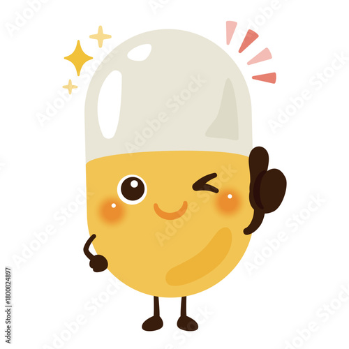 グッドサインを出すカプセル薬のキャラクターイラスト／Character Illustration Set Featuring Capsule Medicine Characters Giving a Thumbs-Up Sign