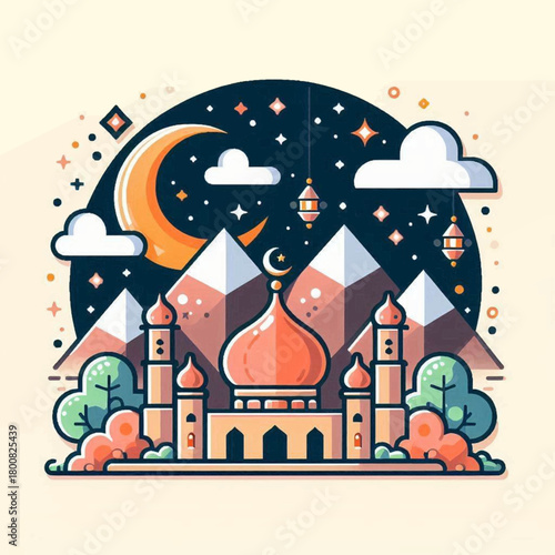 Cartoonstyle illustration of a mosque against a moonlit mountain backdrop