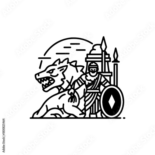 Illustration of a man with a striped toga standing by a monster holding a shield with a diamond