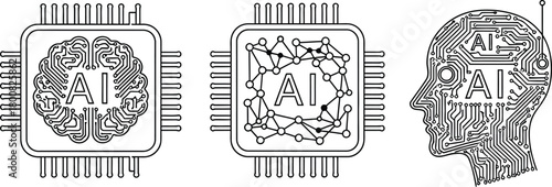 AI Circuit Board, Brain & Man Head Tech Outline Icons on Transparent Background