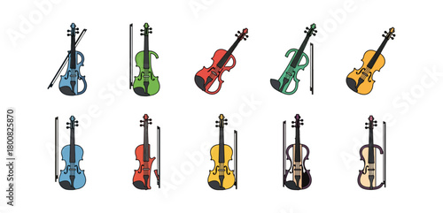 Colorful violins collection with bows isolated on black background