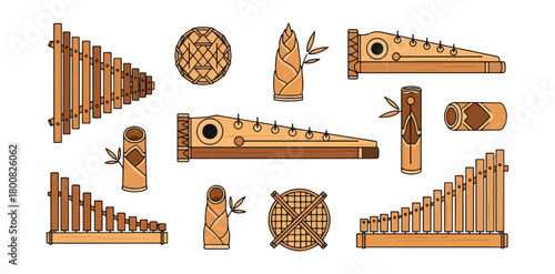 Collection of wooden musical instruments on a dark background