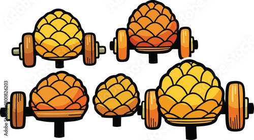 Orange Pinecones On Wheels With Weights And Barbell On White Background Representing Strength And Fitness