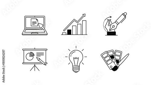 Set of business and design icons on black background