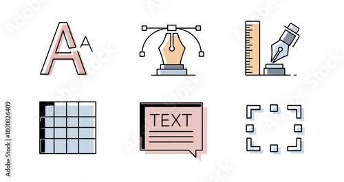 Graphic design icons set alphabet pen ruler table text bubble frame