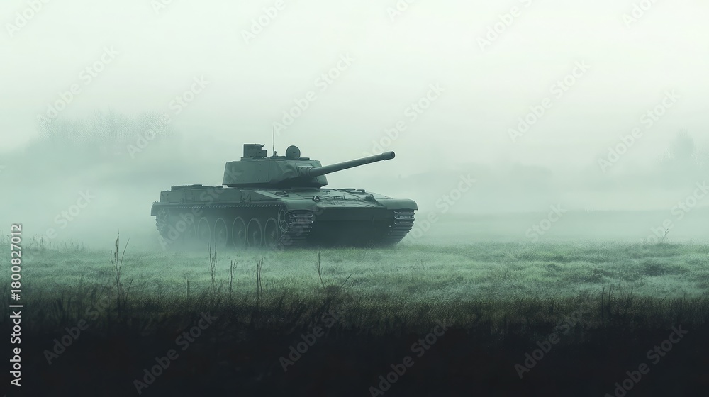 Fototapeta premium A tank is driving through a foggy field