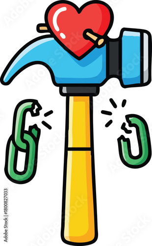 Broken Heart Hammer Blue Yellow Pixel Art Isolated On White Background