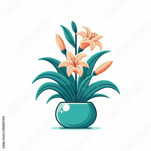 Lilies bloom in a round blue pot Green leaves sprout