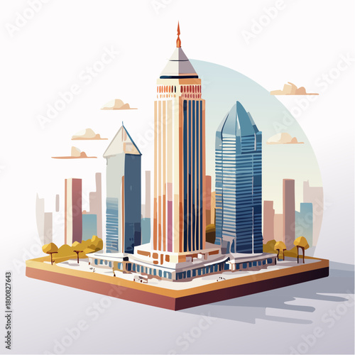 A vibrant, isometric illustration of a stylized London office building complex with modern skyscrapers and a stylized cityscape in the background with a subtle gradient sky.