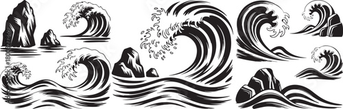 Vector waves ocean sea drawing illustration graphic design element collection art