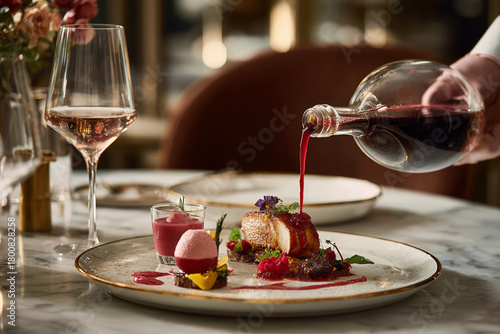 Gourmet turkey breast plated with gold leaf, microgreens, and cranberry sauce. Elegant Thanksgiving dinner, luxury fine dining, Michelin star holiday meal presentation