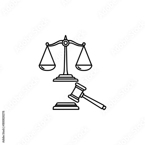 Scales of justice and gavel outline drawing