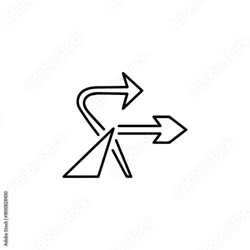 Three arrows one curved one straight and one turning back towards a central triangle