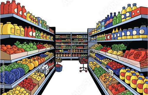 Aisle of colorful fruits vegetables and products in a grocery store setting