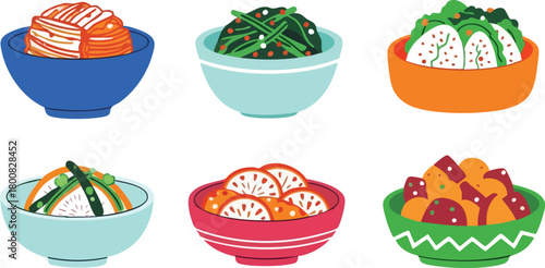 Six Bowls of Korean Food Six Korean Food Bowls In Pixel Art Style