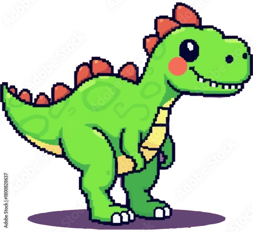 A charming pixelated dinosaur illustration, perfect for children's designs, featuring a friendly, smiling Tyrannosaurus Rex in vibrant green colors.