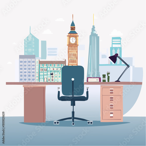 Illustration of a modern London office desk with chair, lamp, and cityscape view, including Big Ben, in a minimalist flat design style with muted colors.