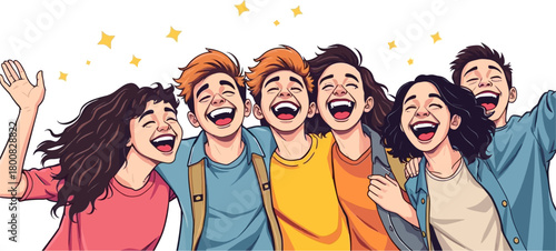 A group of happy friends, depicted in an illustration, share a moment of laughter and joy, radiating positivity and friendship together.