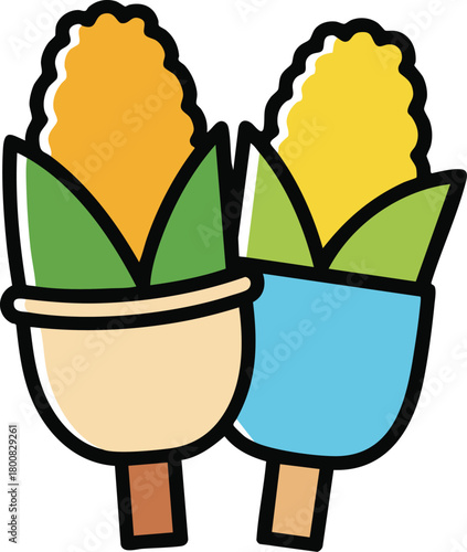 Two Corn Cobs on Sticks with Green Leaves and Stylized Yellow Kernels