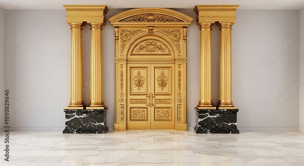 Naklejka premium Empty square room with Decorative golden door with solid columns and marble