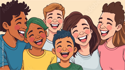 A diverse group of smiling friends embraces, radiating joy and happiness, celebrating togetherness and the beauty of genuine connection in a colorful illustration.