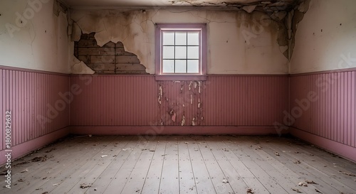 Empty square room with Dirty pink wall and wainscoting in an abandoned farm house deep. front view