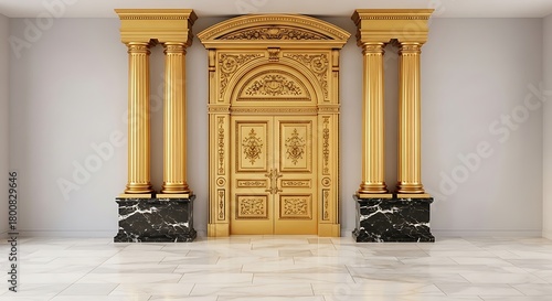 Empty square room with Decorative golden door with solid columns and marble