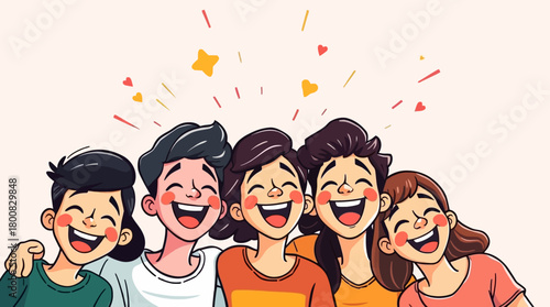 A group of happy friends share a moment of laughter and joy, celebrating friendship and togetherness in a colorful illustration.