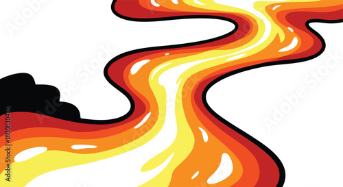 Abstract Fiery Flowing Lava River with Glowing Orange Yellow and Red Hues Against White Background and Black Shape
