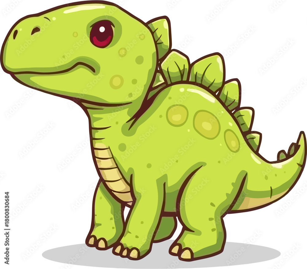 Fototapeta premium A charming cartoon illustration depicts a friendly green dinosaur with big eyes, evoking a sense of joy and playful adventure for children.