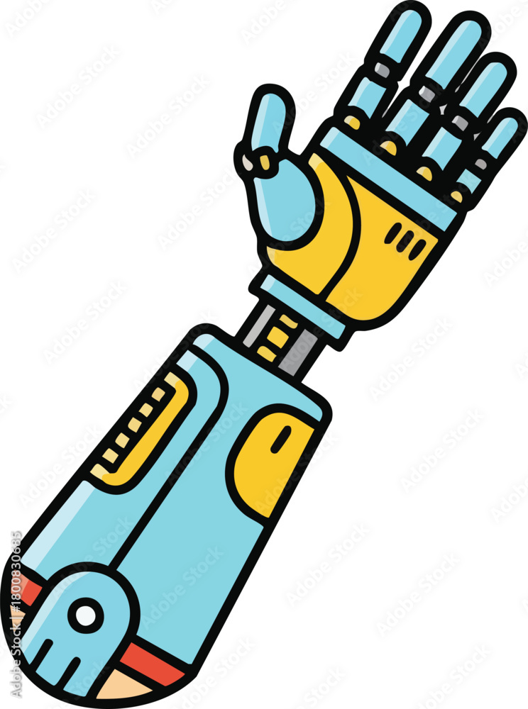 Fototapeta premium Pixel Art Robotic Arm With Blue Yellow and Gray Colors Isolated On White Background