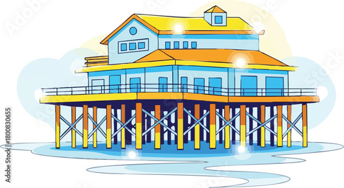Coastal House on Stilts Over Water With Yellow Roof and Blue Walls Featuring Geometric Design
