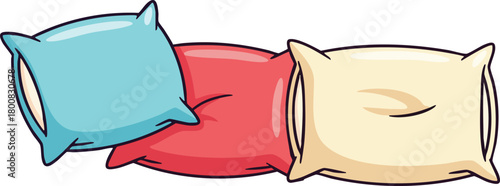 Three Pixel Art Pillows Blue Red and Beige Stacked Against White Background