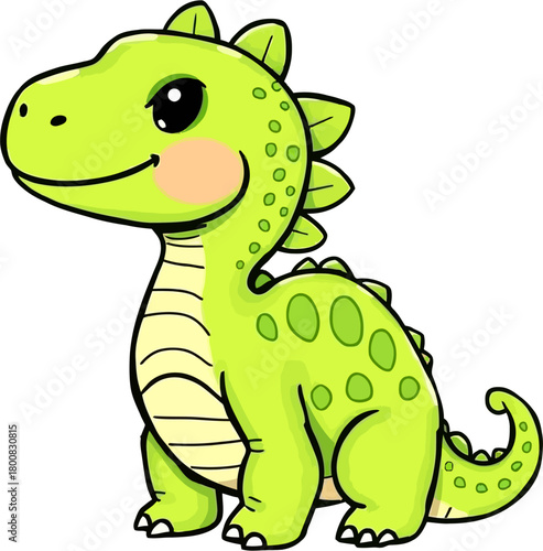 A charming cartoon illustration of a friendly green dinosaur with a delightful smile, perfect for children's books and educational materials.